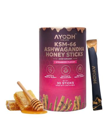 Ashwagandha Honey Sticks Ashwagandha KSM 66 Strawberry Syrup W Raw Honey Ashwagandha for Women/Men Easy To Consume Supports Relaxation Stamina Calmness & Immunity Pack of 30 (0.25 Oz Each) Ashwagandha - Strawberry