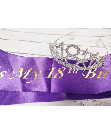 Happy 18th Birthday Tiara and Sash Set - Crystal Rhinestone Princess Crown and Purple Party Favor Supplies for Birthday Girl - Silver Crown - One Size - Buy Online on GoSupps.com