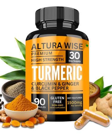 AlturaWise 4 in 1 Organic Turmeric Capsules High Strength and Black Pepper with Active Curcumin with Ginger 1500mg - Advanced Tumeric - Each 90 Veg Capsule is Organic (3 Capsules per Serving)