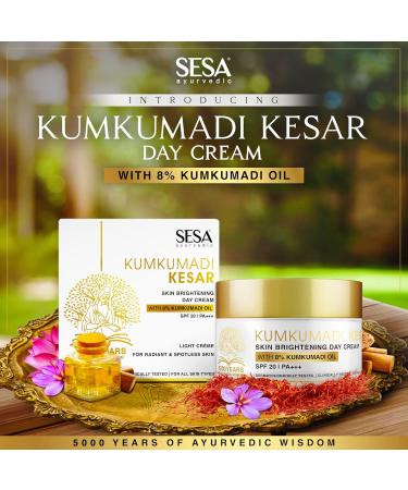 SESA 8% Kumkumadi Kesar Day Cream SPF 20 - Ayurvedic Skin Brightening Moisturizer with Saffron & Sandalwood | Hydrating Face Cream for Men & Women - 50 gm - Buy Online on GoSupps.com