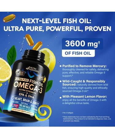 Omega 3 Fish Oil 3600 mg - Omega 3 Supplement | EPA & DHA - Heavy Metals Free - Heart Brain & Joint Support - Purified Fish Oil for Men & Women - Lemon Flavored - Made in USA 90 Softgels - Buy Online on GoSupps.com