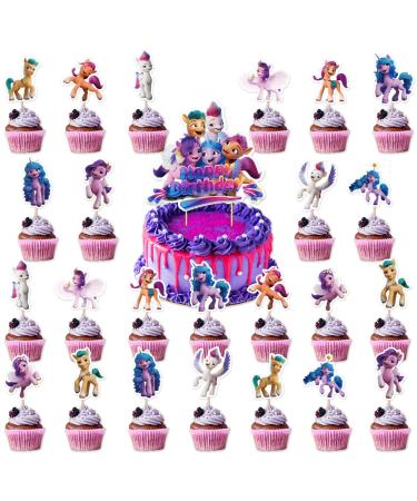 25PCS Cute Pony Cake Topper Cartoon Pony Cup Cake Topper Binrthday Themed Party Decoration Pony Supplies for Boy Girls Adults