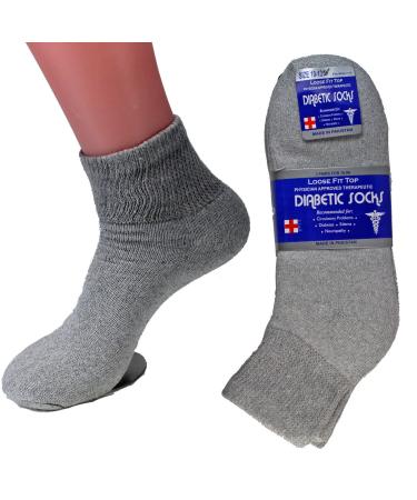 12 Pairs Diabetic Ankle Quarter Crew Socks Health Cotton Adult Circulatory Size 9-11 Grey