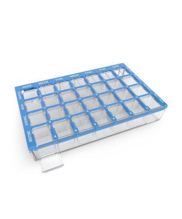 EZY DOSE Weekly (7-Day) Pill Organizer Vitamin and Medicine Box Medium Compartments with Easy Fill Tray 4 Times a Day Clear Lids Color May Vary BPA Free