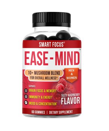 Smart Focus Mushroom Gummies for Adults, Brain Supplements for Memory and Focus, Potent 10x Mushroom Blend with Lion's Mane - Focus, Clarity, Immunity- 60 Gummies