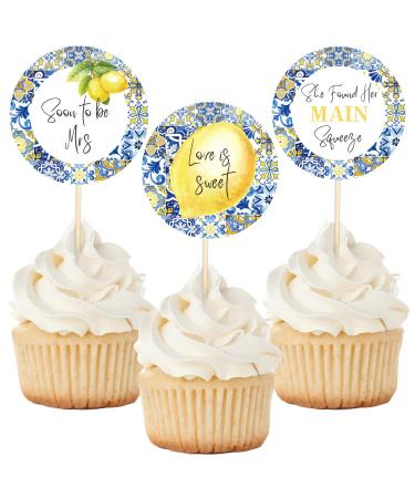 AnyDesign 24Pcs Blue White Tiles Lemon Cupcake Topper Sweet Fruit Theme Summer Lemonade Cupcake Picks for Wedding Engagement Bridal Shower Bachelorette Party Decorations