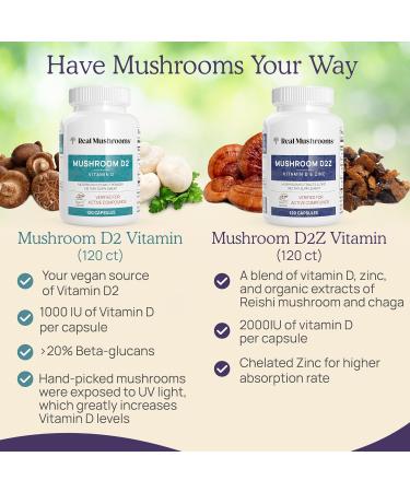 Real Mushrooms Vitamin D2 Zinc (120ct) and Reishi 415 (90ct) Bundle with Chaga - Natural Support for Immunity Better Sleep and Relaxation - Vegan Gluten Free Non-GMO Organic Mushroom Extracts - Buy Online on GoSupps.com