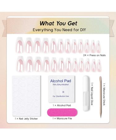 Glazed Press on Nails - Medium Length Coffin Chrome Glossy Pearlescent Pink with White French Tips | Reusable 24Pcs Fake Nails for Women & Girls - Buy Online on GoSupps.com