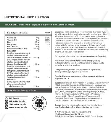 Nutravita Complex de Maca Noir 6000mg avec Zinc Vitamine B12 Ginseng Fenugrec Vitamine B6 L Arginine - M tabolisme nerg tique Fonction Psycologiques Normales (EFSA) 180 Capsules pour 6 Mois - Buy Online on GoSupps.com