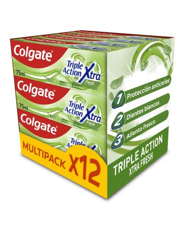 Colgate Triple Action Xtra Fresh toothpaste pack of 12 x 75 ml toothpaste with fluorine protection against caries helps with the preservation of white teeth fresh breath for the whole family New version - Buy Online on GoSupps.com
