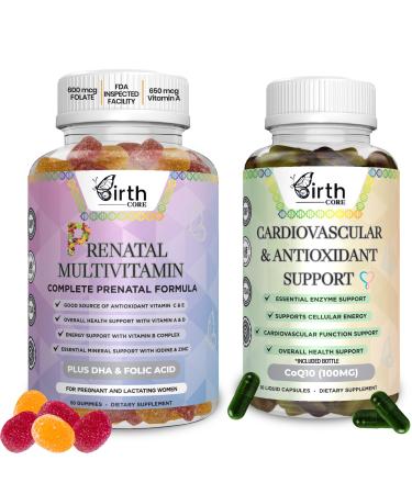 Birth Core Prenatal Vitamins for Women & CoQ10 2 Bottles Multivitamin Prenatal Gummies DHA Folic Acid Folate Cardiovascular & Antioxidant Support Conception & Fertility Supplements for Women