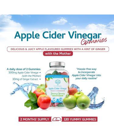 Apple Cider Vinegar Gummies with Ginger - 120 Natural Apple Flavoured - High Strength 500mg - 2 Month Supply - UK Made - Buy Online on GoSupps.com