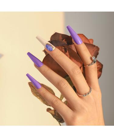 Sethexy long glossy purple ballerina false nail bling sparkling coffin false fingernails 24st acrylic art you press on nail tips for women and girls