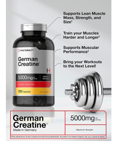 German Creatine Monohydrate 5000mg | 250 Capsules | Non-GMO & Gluten Free Supplement - Buy Online on GoSupps.com