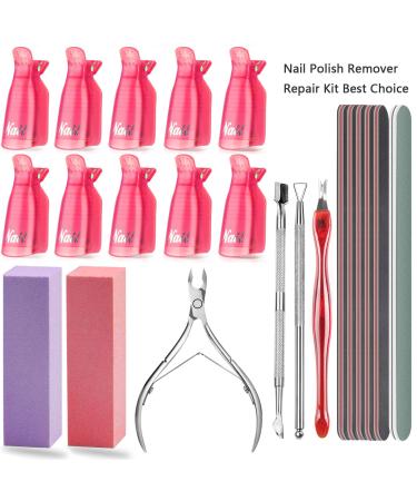 Nail Polish Remover Tool Kit, Triangle Cuticle Peeler Scraper, Cuticle Pusher, Cuticle Nipper, Cuticle Clippers, Nail Polish Remover Clips, Double Sided Nail Buffer Files, Buffer Block Grits