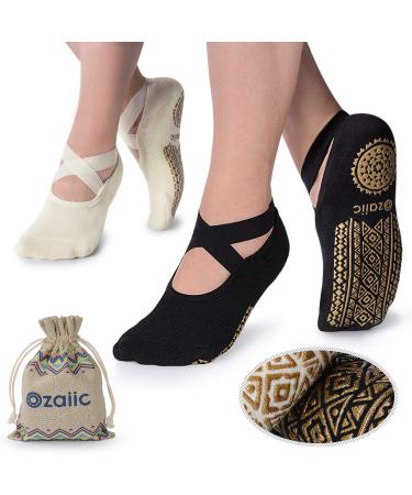 Ozaiic yoga socks non-slip for women for pilates barre ballet dance 35-41 2 pairs - black / beige (gold)