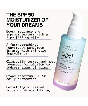 Pacifica Peptide Face Moisturizer Future Youth Daily Turnaround Hydrating SPF 50 Broad Spectrum UVA/UVB Sun Protection Sunscreen Face Moisturizer Anti-Aging Vegan 1.7 fl oz (1 Count) Future Youth Daily Moisturizer SP  - Buy Online on GoSupps.com