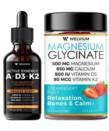 WELVIUM Liquid Vitamin D3 K2 A + Magnesium Gummies - Immune & Relaxation Support