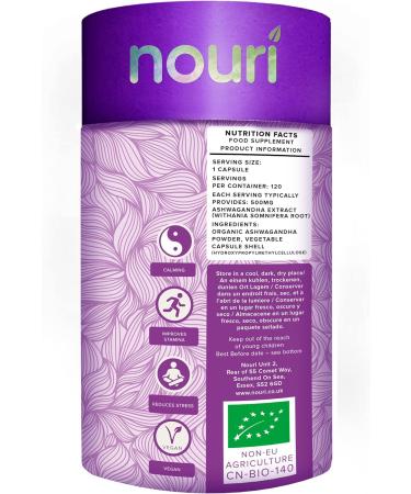 Nouri Organic Ashwagandha Capsules 500mg - 120 Vegan Capsules, Vegetarian Friendly - Buy Online on GoSupps.com