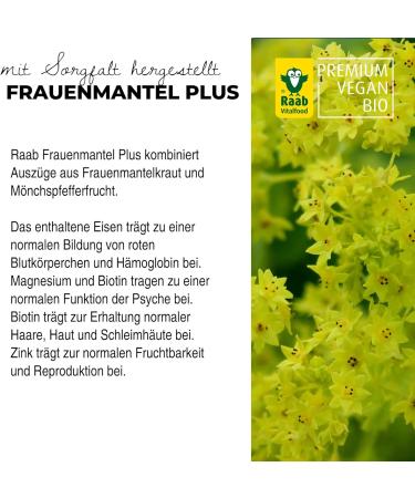 Raab Vitalfood Frauenmantel Plus - Vegan 90 Capsules with Women's Mantle Monk Pepper Iron Magnesium Zinc Biotin Coenzyme Q10 & Vitamin C - International Shipping Available - Buy Online on GoSupps.com