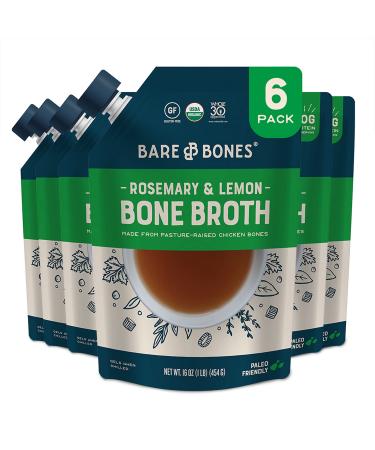 Bare Bones Rosemary & Lemon Chicken Bone Broth for Cooking and Sipping 16 oz Pack of 6 Pasture Raised Organic Protein and Collagen Rich Keto Friendly Rosemary & Lemon 1 Pound (Pack of 6)