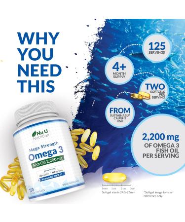 Omega 3 Fish Oil 2200mg & Vitamin D3 2000IU - 250 Capsules | High Strength 1100mg Fish Oil, EPA 720mg & DHA 480mg | Over 4 Month Supply - Buy Online on GoSupps.com