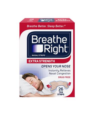 Breathe Right Nasal Strips | Extra Strength | Tan Nasal Strips | Help Stop Snoring | Drug-Free Snoring Solution & Instant Nasal Congestion Relief Caused by Colds & Allergies | 26 Count