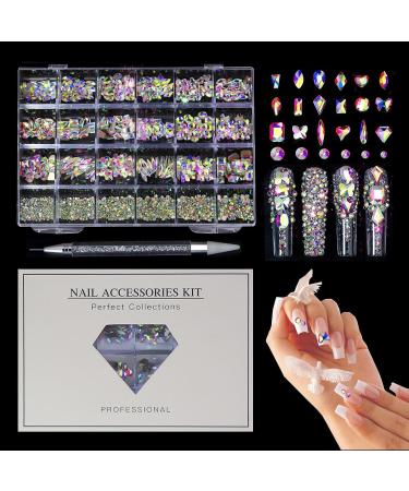 Nail Gems Multi Shapes Rhinestone Flatback Gems Accessories Kit - Round Crystal Rhinestones Kit Iridescent Ab Charm Bead Manicure Decoration with Pickup Pencil Huyath - Buy Online on GoSupps.com