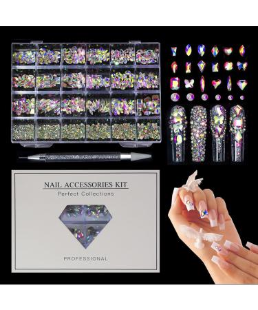 Rhinestones for Nails | Multi Shapes Flatback Rhinestones for Nails Round Crystal Rhinestones Kit Iridescent Ab Charm Bead Manicure Decoration with Pickup Pencil