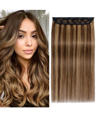 Benehair Clip in Human Hair Extensions Natural Real Hair Clip in 8Inches 40g Hair Extensions Clip In One Piece 5 Clips Human Hair Extension with Clip for Women Medium Brown Mixed Dark Blonde #4P27