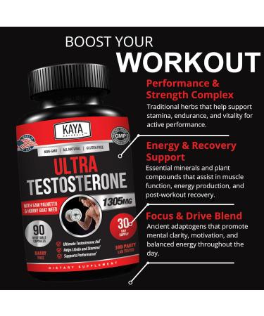 Kaya Naturals Ultra Testosterone - Men's Testosterone Booster with Tongkat Ali Horny Goat Weed Tribulus - Natural Workout Supplement for Energy Stamina and Strength Booster - 90 Count 90 Count (Pack of 1) - Buy Online on GoSupps.com