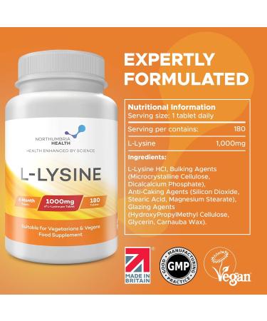 High Strength L-Lysine 1000mg 180 Vegan Tablets | Essential Amino Acid for Growth & Muscle | Made in UK by Northumbria Health - Buy Online on GoSupps.com