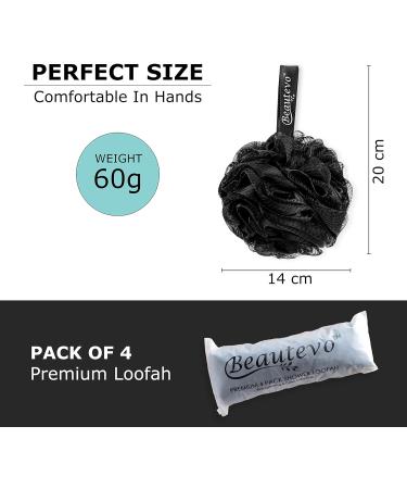 Beautevo Loofah Pack of 4 Large Bath Sponge for Gentle Cleansing & Exfoliating Dense Mesh Shower Puff for Rich Lather Shower Sponge with Hanging Ribbon (Black) - Buy Online on GoSupps.com