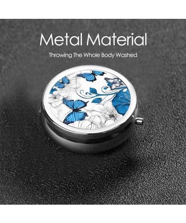 Blue Butterflies White Flowers Mini Round Pill Box | 3 Compartment Travel Organizer | Portable Medicine Case for Home & Office - Buy Online on GoSupps.com