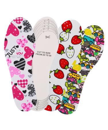 WLLHYF 3 Pairs Kids Insoles for Shoes Kids Heel Grips Soft and Breathable Child Size Insoles for Kids Memory Sponge Shoe Inserts Cut Any Size for Children and Toddler Love Strawberry Cartoon Car