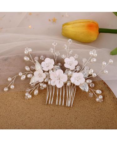 Hairdress Wedding Bride Hairdressing Communion Girl Bride Wedding Hair Combs Flower Pearl Headdresses Hairdress Women Bride Crystal Leaf Hair Casting For Women and Girls (Silver)