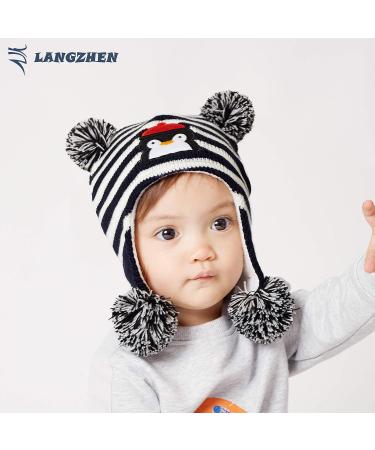LANGZHEN Toddler Winter Hat | Earflap Knit Beanie for Baby Boys Girls 2-4 Years | Fleece Lined | Penguin Design | Black Stripe - Buy Online on GoSupps.com