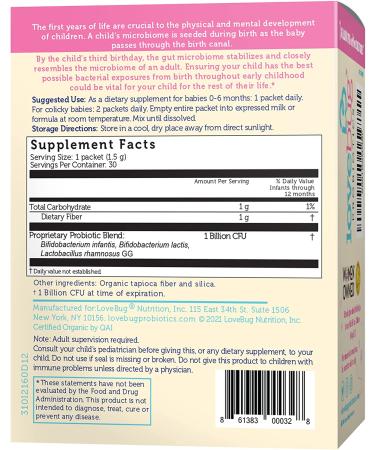 Lovebug USDA Organic Probiotic for Infants | Ages 0-6 Months | Colic, Reflux & Gas Relief | Sugar-Free Powder | Non-GMO & Vegan - Buy Online on GoSupps.com
