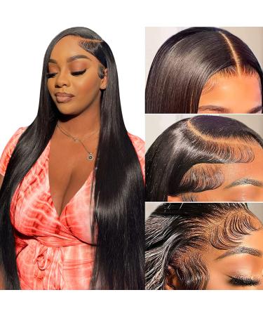 AIGOLQUEEN Straight Lace Front Wigs Human Hair 13x4 HD Transparent Lace Frontal Wigs Human Hair Pre Plucked with Baby Hair 180% Density Glueless Brazilian Virgin Human Hair wigs for Women Natural Color 26 Inch
