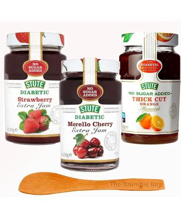 Diabetic Jam Marmalade Sugar Free Food Bundle - Stute Strawberry Morello Cherry Jam & Thick Cut Orange 430g with Wooden Spreader - No Added Sugar Preservatives Artificial Additives - Vegan Friendly - Buy Online on GoSupps.com