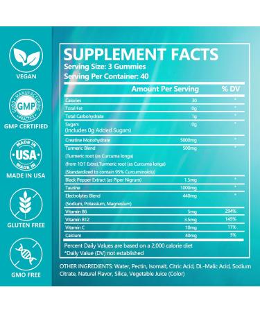 exdoo Creatine Monohydrate Gummies with Turmeric for Men and Women Creatine with Taurine Electrolyte for Strength Energy&Muscle Support Pre-Workout Gummies Sugar Free 120pcs - Buy Online on GoSupps.com