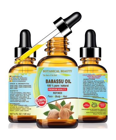 Botanical Beauty BABASSU OIL 100% Pure Natural REFINED Cold-Pressed Carrier Oil 4 Fl oz 120 ml for Face Skin Body Hair Lip Nails. Rich in Vitamin E Vitamin C