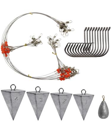 Saltwater Surf Fishing Tackle Kit - Saltwater Fishing Rig Include Fishing Wire Leader Pyramid Sinker Weight Bass Casting Sinker for Surf Fishing Silver + Circle Hooks