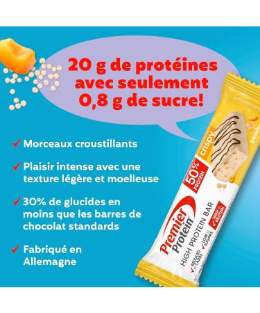 Premier Protein - High Protein Bar 50%+Crispy - Peach - 16x40g - faible en sucres pauvre en glucides sans huile de palme Peach 16 x 40g - Buy Online on GoSupps.com