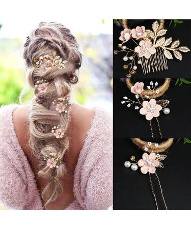 Bridal Flower Wedding Hair Pins - Crystal Pearl Clips Headpiece for Brides - Cherry Blossoms Pink - Set of 5 - Buy Online on GoSupps.com