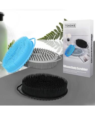 Set of 3 Silicone Body Scrubbers for Gentle Exfoliation - Bath Sponge Shower Loofah Set for Sensitive Skin - Silicone-Black/Gray/Blue - Buy Online on GoSupps.com