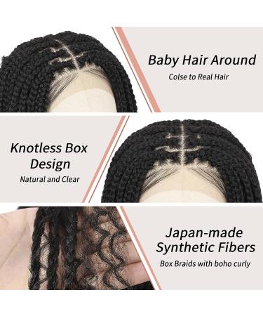 Lexqui 13X6X4 Inch Handmade Knotless Box Braided Wig with Boho Curly | Short Black Synthetic Lace Front Wig for Women with Baby Hair | 18 Inch Cornrow Braids Hair Wig - Buy Online on GoSupps.com