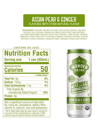 Wonder Drink Organic Kombucha Asian Pear Ginger 12oz Pack of 12 - Plant-Based Prebiotic Gut Health Sparkling Tea with Digestive Benefits - Buy Online on GoSupps.com