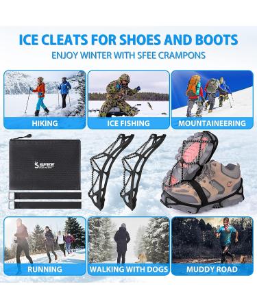 Sfee Ice Cleats - Anti-Slip Snow Grips Crampons for Shoes/Boots | Portable Traction for Walking, Climbing, Hiking, Fishing | Outdoor Running Gear with 2 Velcro Straps - Black (Large) - Buy Online on GoSupps.com