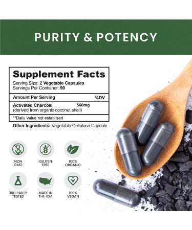 Organic Coconut Activated Charcoal Capsules - 180 Pills for Detox, Teeth Whitening, Constipation, Bloating, Gas, and Heartburn Relief - Vegan & Pure Coconut Supplement - Buy Online on GoSupps.com